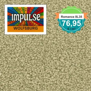 Teppichmuster mit Label „Impulse WOLFSBURG“ und Badge „Romance 8L35 – 76,95 €/m²“
